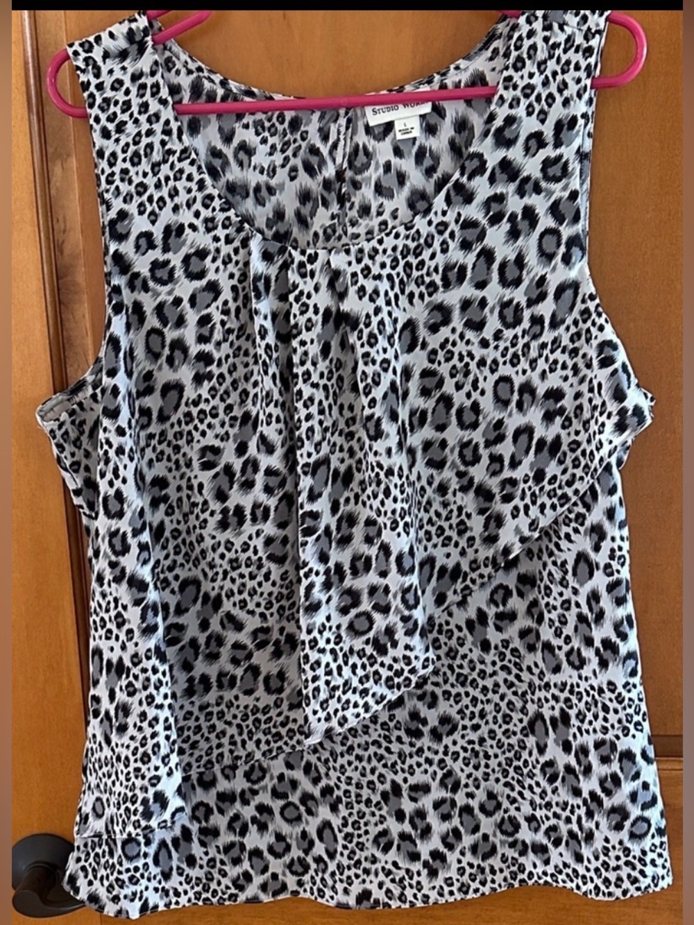Studio Works Grey Black Leopard Animal Print Pleated Scoop Neck Tank Top Size L